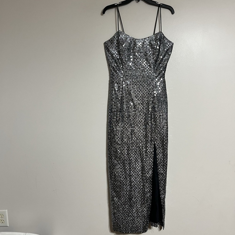 Vintage 90s ET AL Made In USA Sequin Formal Dress Size 10 Silver Side Slit‎